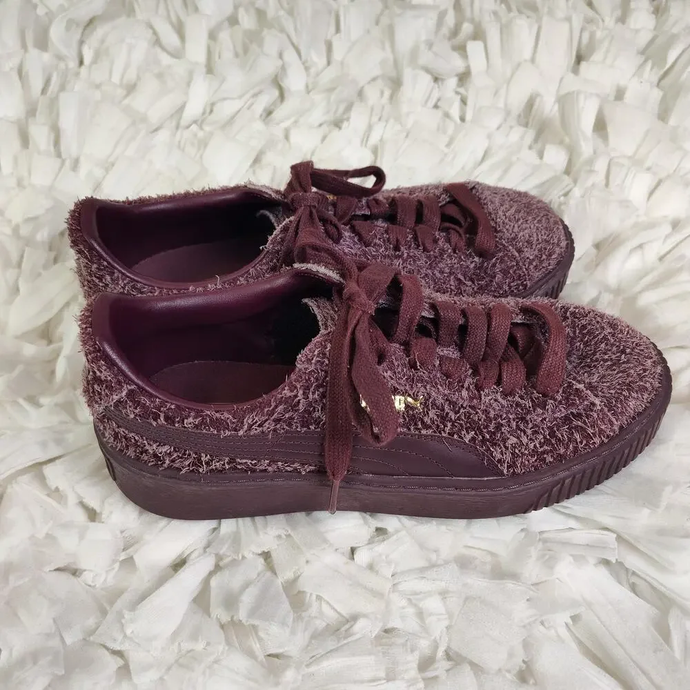 Puma Platform Shoes Womens Size 8 Purple Fuzzy Leather Low Top Sneakers